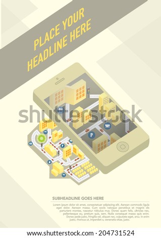 Map icon and mobile phone vector art/ Mobile phone location guide template design