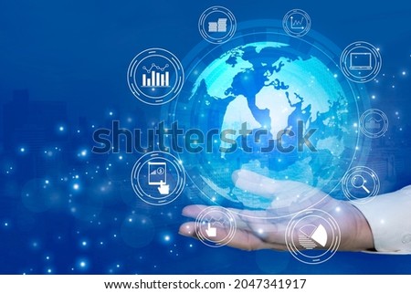 Business computer network. Business hand with global template. Can be used for workflow layout, banner, diagram, web design, infographic template.