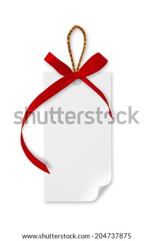 White paper tags and red ribbon bow, gold rope on white background.