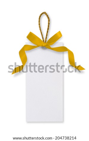 White paper tags and Yellow gold ribbon bow, gold rope on white background.