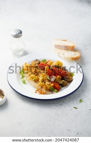 Roasted cod with Sicilian caponata