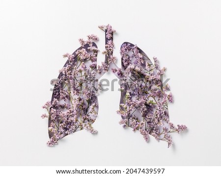 Human lungs made with purple field flowers on white background. Minimal coronavirus or pneumonia concept. Green, world health or environment day and ecology concept. Flat lay. Royalty-Free Stock Photo #2047439597