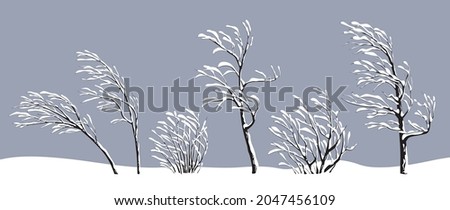 Set of snow covered young trees and bushes without leaves isolated on gray. Winter season, plants during a snowstorm. Monochrome simple tree and shrub under the snow vector flat illustration. Royalty-Free Stock Photo #2047456109