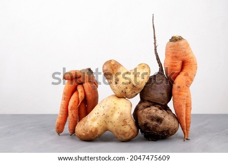 Ugly vegetables, close-up. Concept - Using in cooking imperfect products. Food organic waste reduction. Royalty-Free Stock Photo #2047475609