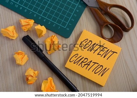 Text showing inspiration Content Curation. Internet Concept process of gathering information related to a certain topic Multiple Assorted Collection Office Stationery Photo Placed Over Table