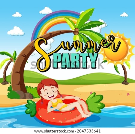 Tropical beach scene with Summer Party text banner illustration