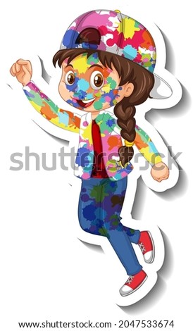 Happy girl with colour on her body sticker on white background illustration