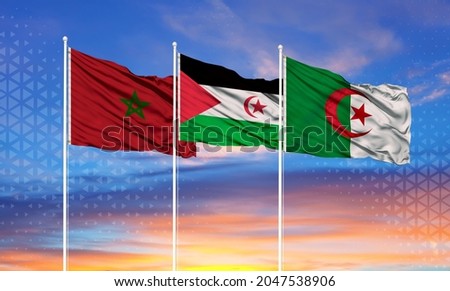 The flag of Morocco, Algeria and the Polisario. Moroccan Sahara conflict.