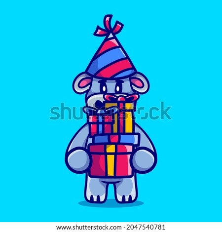 happy new year hippo brings a pile of gifts, suitable for happy new year or birthday t-shirt designs and cute animal mascots