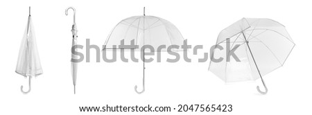 Set with transparent umbrellas on white background. Banner design