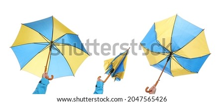 Collage with photos of women holding umbrellas on white background, collage. Banner design