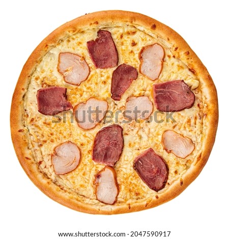 Isolated pizza with smoked beef and chicken on white background