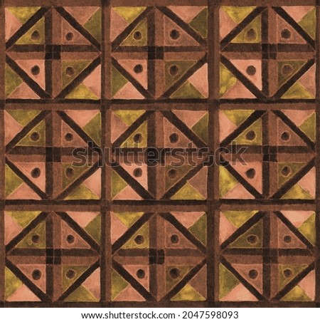Brown colored Geometric seamless pattern. Different geometric shapes on textured paper. Watercolor painting. Ornamental Template for textile, wallpaper, print, carton.