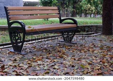 Park benches and fallen leaves scattered. Nice atmosphere to be alone.