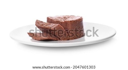 Plate of wet pet food isolated on white Royalty-Free Stock Photo #2047601303