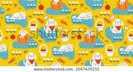 The dog cat and rabbit in the park on a autumn season. seamless pattern,yellow background,animal,vector for design.