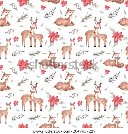 Watercolor Christmas seamless pattern with deer. Ideal for wrapping paper, textile design, printing 