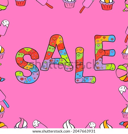 Seamless. Vector lettering. Sale banner. Picture in black, orange and pink colors.