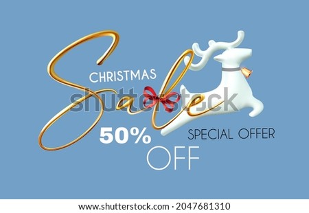 Christmas Sale. 3d season offer banner with cute golden text, bow and deer jump