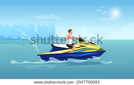 Man is driving on water bike at sea resort. Cityscape with horizon and sun in the background. Concept of entertainment and recreation. Vector graphic illustration