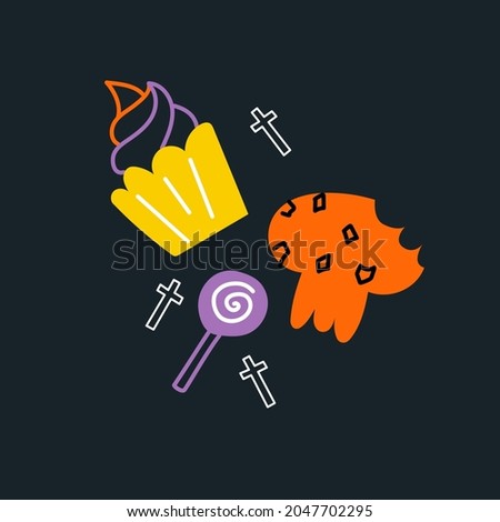 Vector illustration of Halloween treats. Cupcake, skull-shaped cookies, lollipop. Flat color illustration on a dark background.