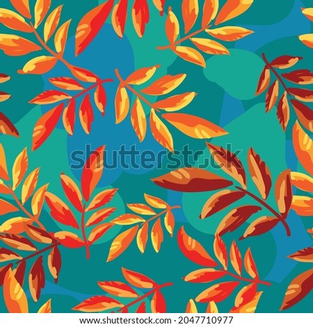 Seamless patterns. Long branches with leaves on a colored background. Design for printing on textiles, paper, ceramics, fabric, packaging, wallpaper. Vector graphics.
