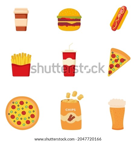 Set of colorful cartoon fast food. Hamburger, burger, fries, pizza, coffee, beer