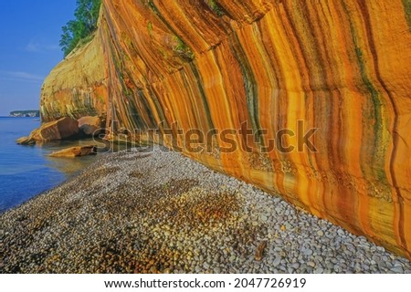 Landscape of mineral stained cliff, Pictured Rocks National Lakeshore, Michigan's Upper Peninsula, USA