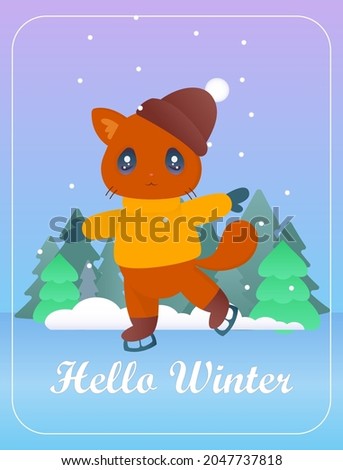 A cute ginger cat in a sweater and a hat is skating on the ice. Winter new year illustration. Vector illustration for greeting cards, post cards.