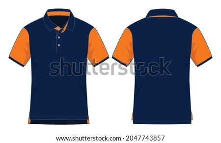 Navy blue-orange short-sleeve polo shirt with a short front and long back hem design on a white background. Front and back views, vector file.
