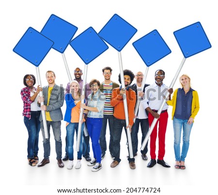 Group Of Multi-Ethnic People Expressing Positivity Standing And Holding Blue Blank Sign Post In White Background.