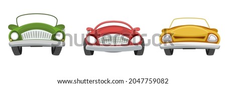 Set of cabriolet cars. Cartoon comic in funny style. Front view. Beautiful retro auto. Flat stile. Childrens illustration. Isolated on white background. Vector. Royalty-Free Stock Photo #2047759082