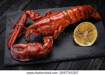 grilled lobster with lemon on a black slate board. on a dark wooden table
 Royalty-Free Stock Photo #2047765307