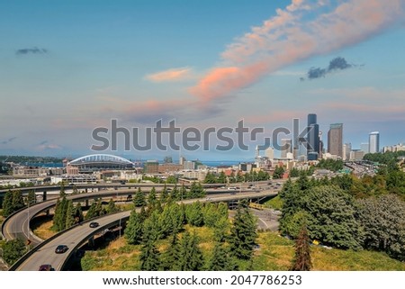 Seattle city downtown skyline cityscape of Washington state in USA at sunset