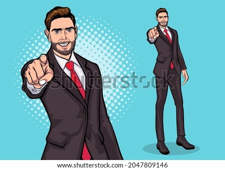 Boss business man bearded pointing to the front pop art comics style. Royalty-Free Stock Photo #2047809146