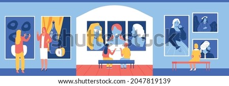 Art gallery design concept with indoor view of exhibition venue with paintings and characters of visitors vector illustration Royalty-Free Stock Photo #2047819139