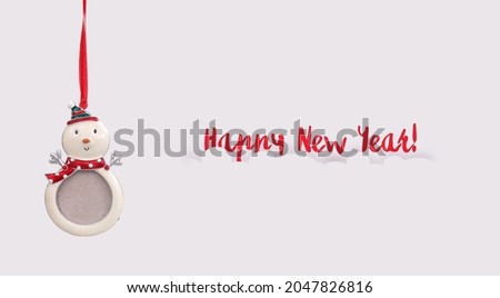 New year poster with snowman new year photo frame isolated on white background