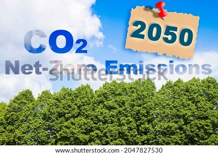 CO2 Net-Zero Emission concept against a forest - Carbon Neutrality concept - 2050 According to European law  Royalty-Free Stock Photo #2047827530
