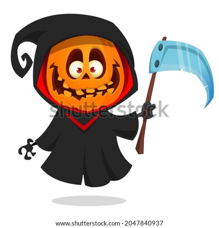 Grim reaper pumpkin head cartoon character. Halloween jack o lantern illustration design for party invitation or poster. Vector scarecrow isolated
