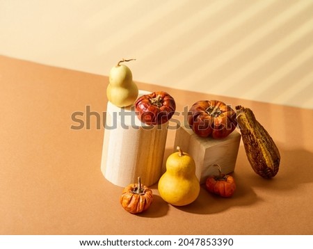 An original composition on a beige background - miniature souvenir pumpkins, fruits and geometric shapes. Low angle view. Decor for Thanksgiving, Halloween, Christmas, Harvest Day.