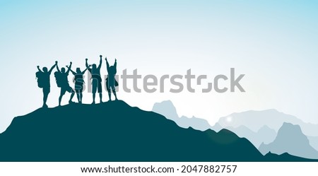 Silhouette group of young man celebrating success on top mountain, sky and sun light background. Business, teamwork, achievement and people concept. Vector illustration. Royalty-Free Stock Photo #2047882757