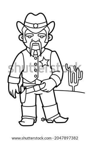 Black and white outline illustration of a sheriff in the wild west. Coloring book for kids.
