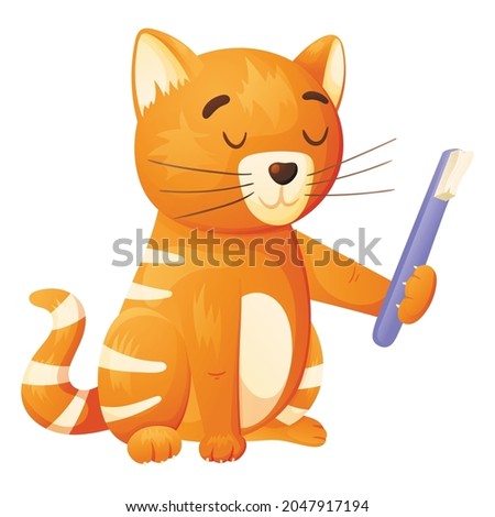 Vector isolated illustration of cartoon cute cat with toothbrush.