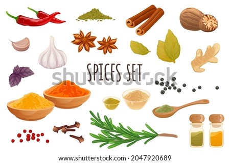 Spices icon set in realistic 3d design. Bundle of chilli, cinnamon, garlic, ginger, rosemary, nutmeg, cloves, star anise and other. Cooking collection. Vector illustration isolated on white background Royalty-Free Stock Photo #2047920689