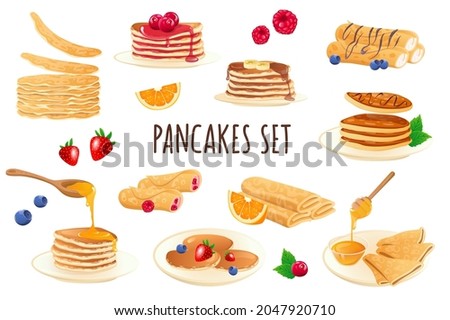 Pancakes icon set in realistic 3d design. Bundle of stacks of pancakes with different filling, berries, honey, chocolate and other. Cooking collection. Vector illustration isolated on white background Royalty-Free Stock Photo #2047920710