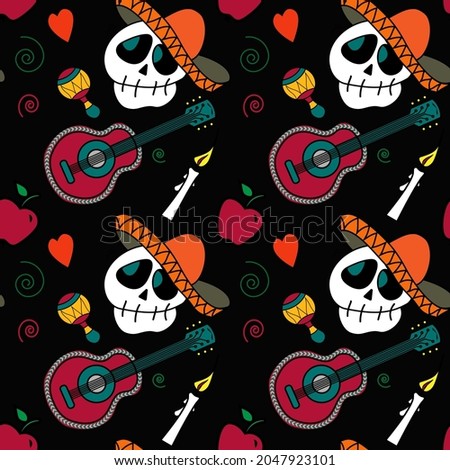 Dia de muertos colored seamless pattern. On a black background - cute colorful skulls, sombrero, Mexican guitar, Mexican maracas, coffin, candle, apples.