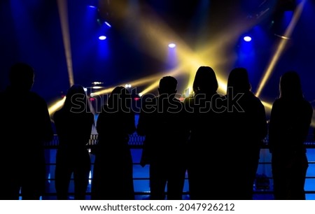 The audience looks at the variety show, the rays of stage lights. Silhouettes of people in the beams of searchlights. Royalty-Free Stock Photo #2047926212