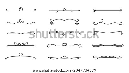 Dividers chapter, decorations and delimiters set. Frame elements with swirls, text separators, other shapes. For wedding invite, document, certificate, menu, line and wave isolated on white background Royalty-Free Stock Photo #2047934579