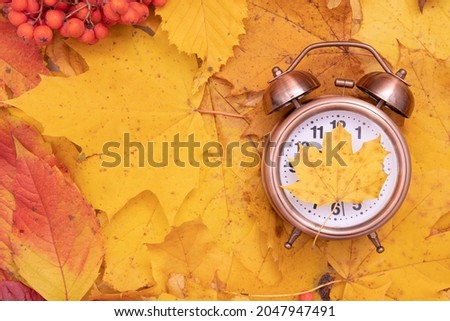 Autumn fall leaves and alarm clock. Creative autumn time concept