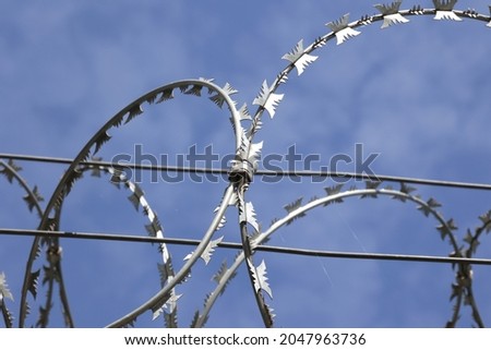 09.27.2021 wroclaw, poland, Barbed wire, razor wire on the border of Poland. Royalty-Free Stock Photo #2047963736